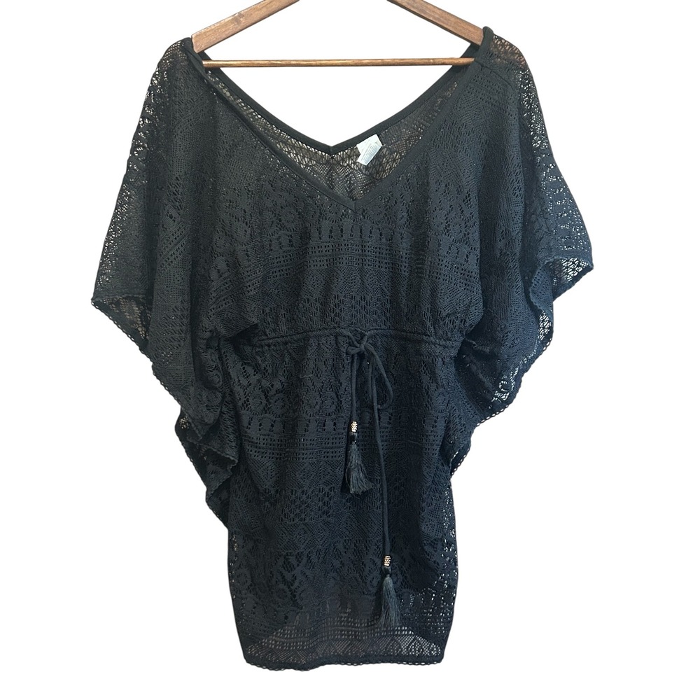 Time and Tru Black Crochet Tunic Swim Cover Up Dress Size M 8 10 V Neck Tie
